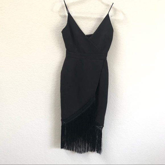 Nicholas Fringe Crepe Wrap Midi Dress Black Sz 2 - Picture 2 of 6